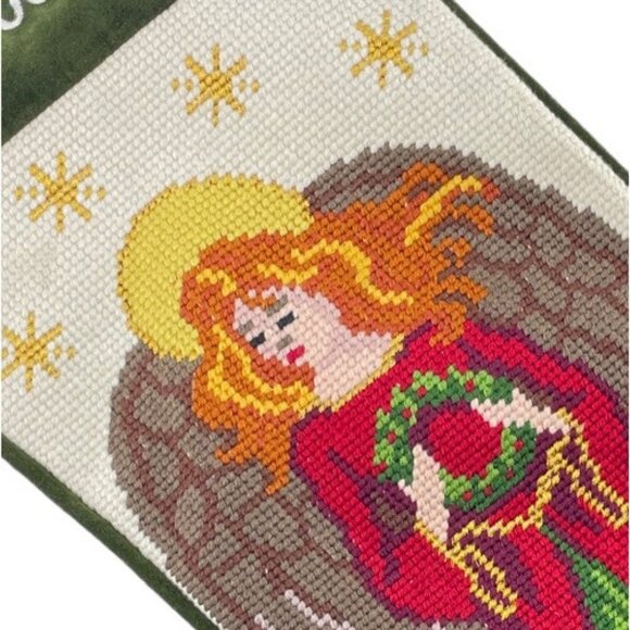 Christmas Stocking  Cross Stitch Angel w Gold Stars Mom Handmade - Picture 2 of 4